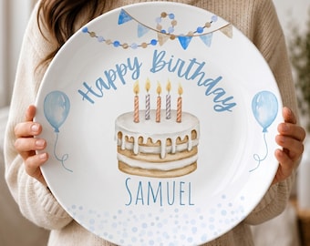 Personalized Boy's Birthday Plate with Name: Watercolor Cake Keepsake NOT CERAMIC