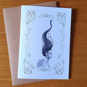 Aquarel wenskaart zeemeermin portret. Monochroom zwart-wit cadeau. Handbeschilderd magisch fantasiezeemeerminkerncadeau met envelop.