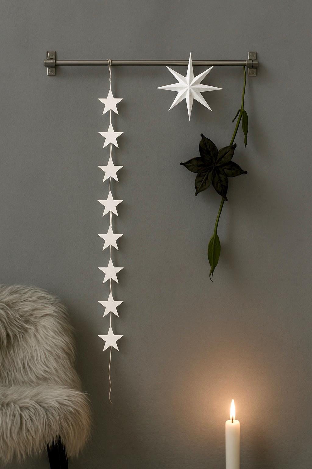 Guirlande Étoiles Nordique Gris Et Blanc – 5 Étoiles Sur 200 Cm – Déco Murale Ou Plafond – Tissu Et Corde