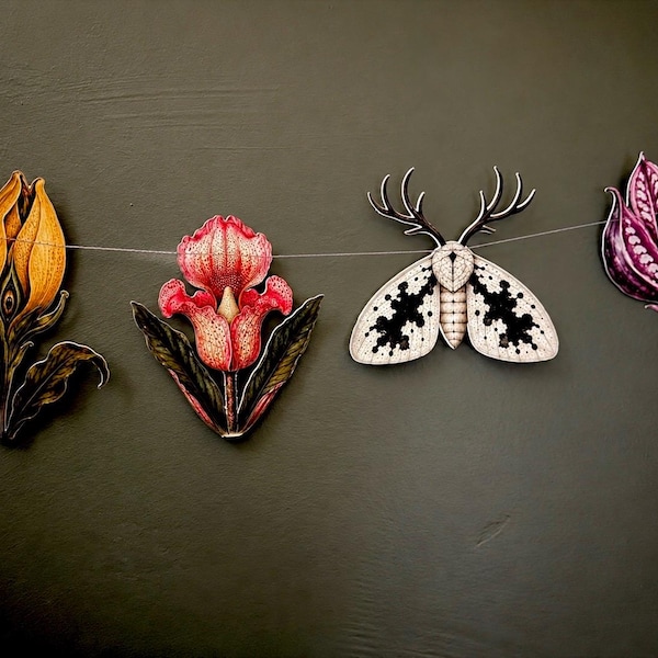 Dark Academia Garland | Whimsigoth Wall Decor | Moths Mushrooms & Curiosity Cabinet Decor