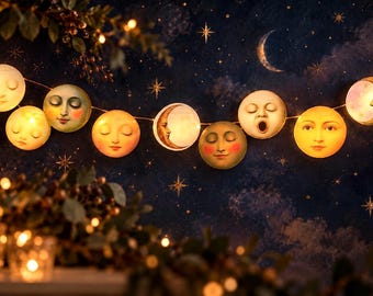 May include: A string of decorative lights featuring circular moon faces with various expressions, including closed eyes, sleeping faces, and an open-mouthed yawning face. The illuminated moon discs are connected by a thin wire against a dark blue background.