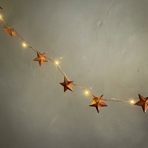 Rusty Tin Star Garland | Primitive Star Decor | Fairy Lights | Rustic Christmas Garland