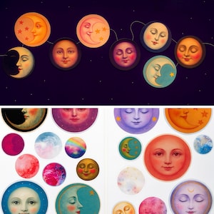 Op de afbeelding: Een verzameling ronde stickers met diverse hemelse ontwerpen, waaronder gezichten van de maan, zon en planeten in verschillende kleuren zoals oranje, blauw, roze en paars, gerangschikt op een donkere achtergrond en witte vellen.