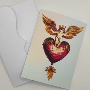 Tarjeta de felicitación vintage de querubín / Estilo barroco rococó con corazón, tarjeta romántica en blanco para bodas, aniversarios o San Valentín.
