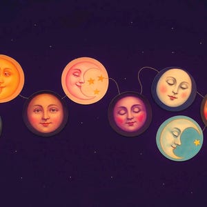 Moon Phase Garland |  Celestial Moon Faces Wall Hanging | Witchy Decor | Mystical Lunar Art