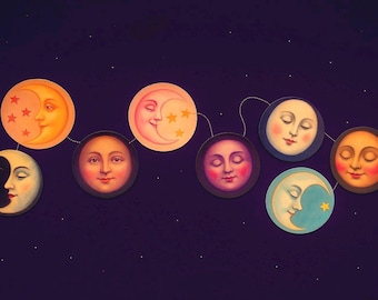 Mondphasen Girlande |  Himmlische Mond Gesichter Wandbehang | Witchy Dekor | Mystische Mondkunst
