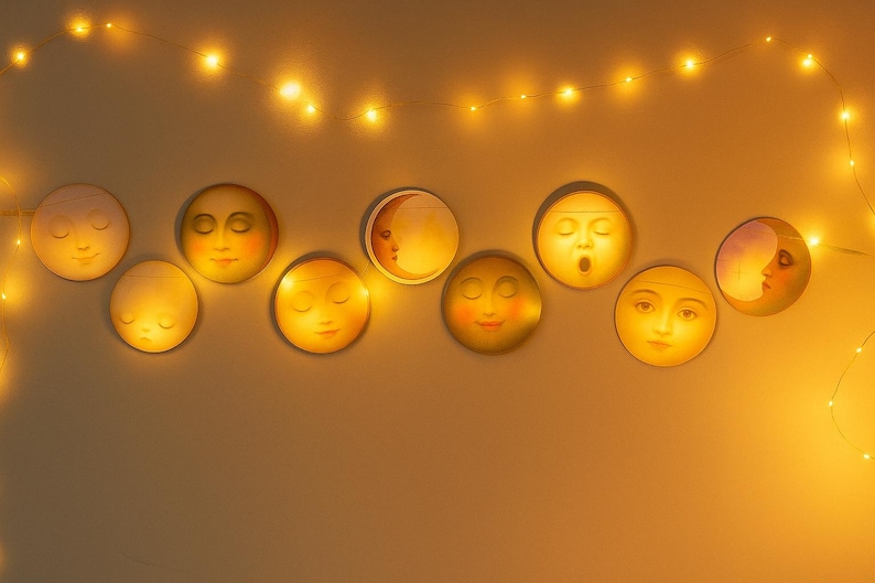 K&ouml;nnte beinhalten: Eine Sammlung von neun kreisf&ouml;rmigen Wanddekorationen, die Mondphasen darstellen, jede mit einem stilisierten Gesicht. Die Gesichter sind in warmen Farben bemalt und beleuchtet, mit einer Lichterkette dar&uuml;ber.