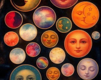 Stickers en planeten maangezicht, Whimsigoth Witchy Gift Lunar Art, kosmisch collagevel