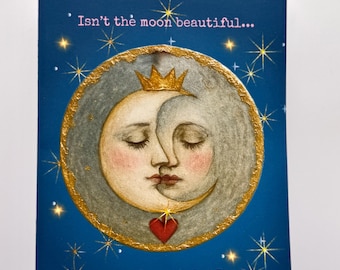 Moon Lover Card, Selenophile Note, Romantic Celestial Art, Anniversary Card, Whimsigoth Moon Illustration