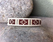 Mix Beaded Bracelet, Leather Beaded Bracelet, Bohemian, Tribal, Expresso Delica Beads, White Leather, Pewter Button
