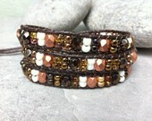Triple Wrap Beaded Bracelet, Mix Beaded Bracelet, Bohemian, Friendship, Wax Cotton Cord, Earthy Tone Beads, Coconut Button