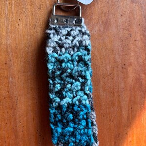 Handmade Crochet Wristlet Keychain: Blue Gray Ombre Boho Key Fob