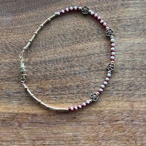 Red and White Beaded Anklet with Gold Rose Charms | Handmade Boho Flower Ankle Bracelet | Dainty Summer Jewelry for Women