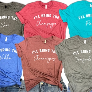 Bachelorette party shirts, group bachelorette shirts funny, I'll bring the tomfoolery shenanigans wine party vodka champagne shirts