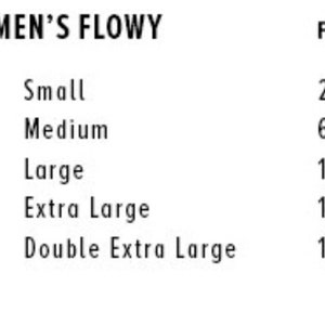 Puede incluir: Tabla de tallas para ropa "Women's Flowy", con tallas que van desde Small hasta Double Extra Large. La tabla enumera las tallas correspondientes, de la 34-36 a la 50-52.