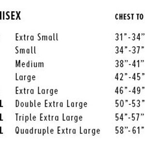 May include: Unisex sizing chart for clothing with chest measurements in inches. Sizes include XS, S, M, L, XL, 2XL, 3XL, and 4XL.