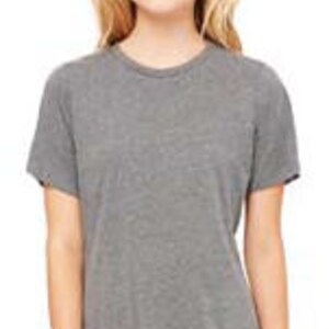 May include: A heather gray short-sleeved t-shirt with a crew neck.