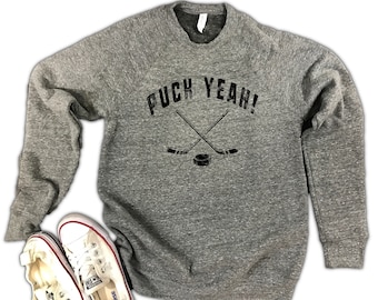 Puck Yeah Hockey Unisex Triblend Fleece Sweatshirt - hockey girl gift, hockey fleece, funny hockey sweatshirt, hockey game sweatshirt