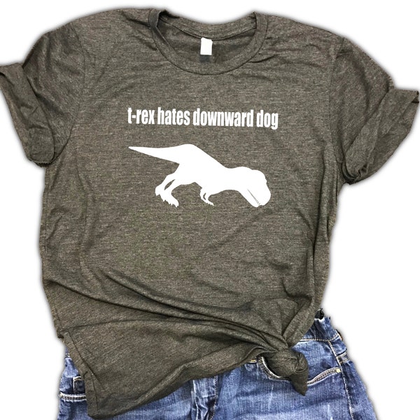 T-Rex Hates Downward Dog Yoga Unisex Relaxed Fit Dark Gray Soft Blend Tee - yoga shirt - funny yoga shirt - yoga lover - yoga gift