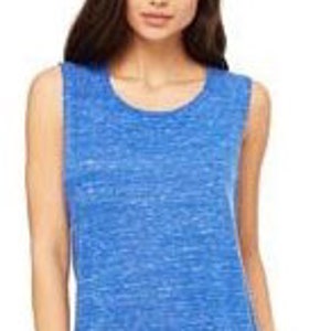 May include: A blue sleeveless tank top with a speckled pattern. The tank top is made of a soft, comfortable fabric.