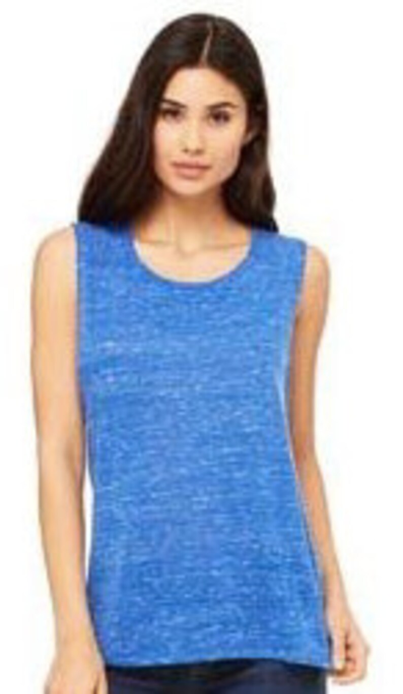 May include: A blue sleeveless tank top with a speckled pattern. The tank top is made of a soft, comfortable fabric.