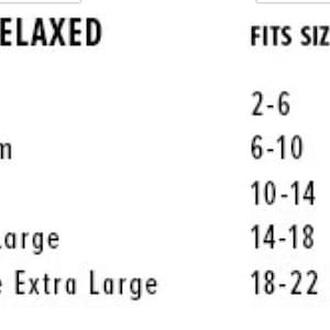 May include: Size chart for women's clothing showing corresponding sizes in letters (S, M, L, XL, 2XL) and numbers (2-6, 6-10, 10-14, 14-18, 18-22).