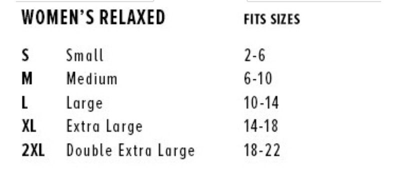 May include: Size chart for women's clothing showing corresponding sizes in letters (S, M, L, XL, 2XL) and numbers (2-6, 6-10, 10-14, 14-18, 18-22).