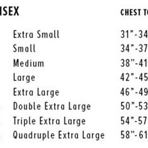 Puede incluir: Un gr&aacute;fico blanco con texto negro que detalla las tallas de pecho unisex. Las tallas van desde Extra Small (79-86 cm) hasta Quadruple Extra Large (147-155 cm). El gr&aacute;fico est&aacute; dise&ntilde;ado para ayudar a los clientes a encontrar la talla correcta.