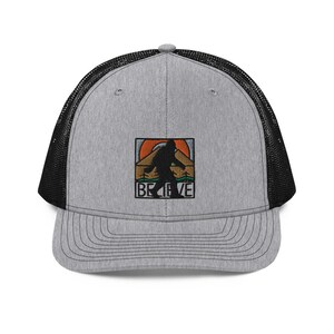 Bigfoot Believe Trucker Cap - Embroidered bigfoot patch hat - sasquatch silhouette hat - yeti hat, bigfoot gift