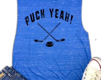Puck Yeah Women's Hockey Muscle Tank hockey fan, hockey gift, hockey  lover, funny hockey tank top, hockey playoffs, hockey puck sticks