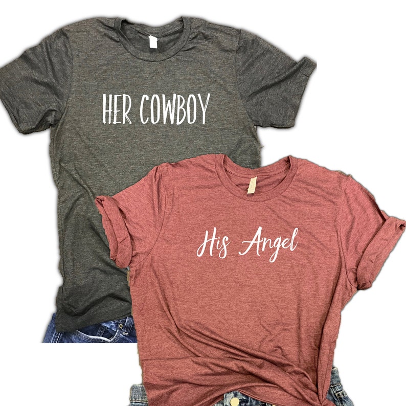 Her Cowboy His Angel Couples Shirts - anniversary shirts, matching shirts, couples wedding tees, gift for couples, boyfriend girlfriend 