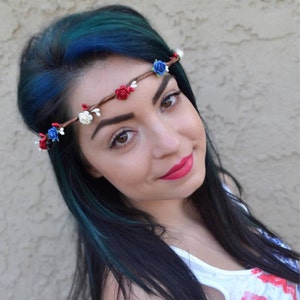 Red White Blue Rose Flower Crown Rose Flower Headband Flower Hair Wreath Tiara 4th of July Patriotic Headband image 2