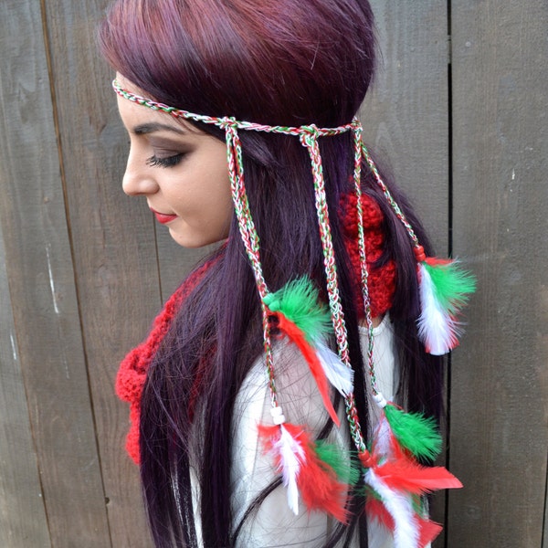 Holiday Feather Headband - Christmas Feather Headband - Red White Green Feathers - Mexican Italian Persian Flag - Hippie - Festivals - Raves