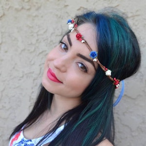 Red White Blue Rose Flower Crown Rose Flower Headband Flower Hair Wreath Tiara 4th of July Patriotic Headband image 1