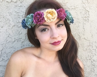 Ranunculus Flower Crown - Vintage Colors Flower Headband - Flower Halo - Hair Wreath - Tiara - Festivals - Raves