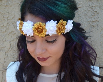 Rose Headband - Gold White Flower Headband - Gold White Roses - Festivals - Raves - Parties - Bohemian