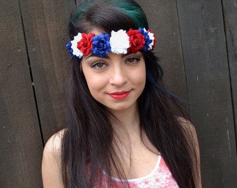 Red White Blue Flower Headband - Rose Headband - Leather Headband - 4th of July - Patriotic Headband - Festival - Rave