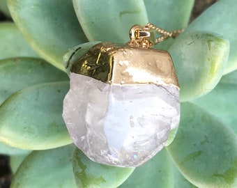 Gold Dipped Clear Crystal Quartz Necklace - Irregular Clear Quartz Pendant - Boho Crystal Jewelry - Healing Crystals