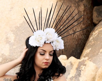 Day Of the Dead Día de los Muertos Virgin Mary Halloween Costume Party Black Spiked White Rose Headband Crown Halo Headpiece