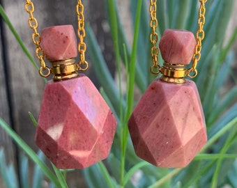 Natural Faceted Rhodochrosite Essential Oil Perfume Bottle Pendant Necklace - Crystal Perfume Bottle - Boho Crystal Jewelry - I1280