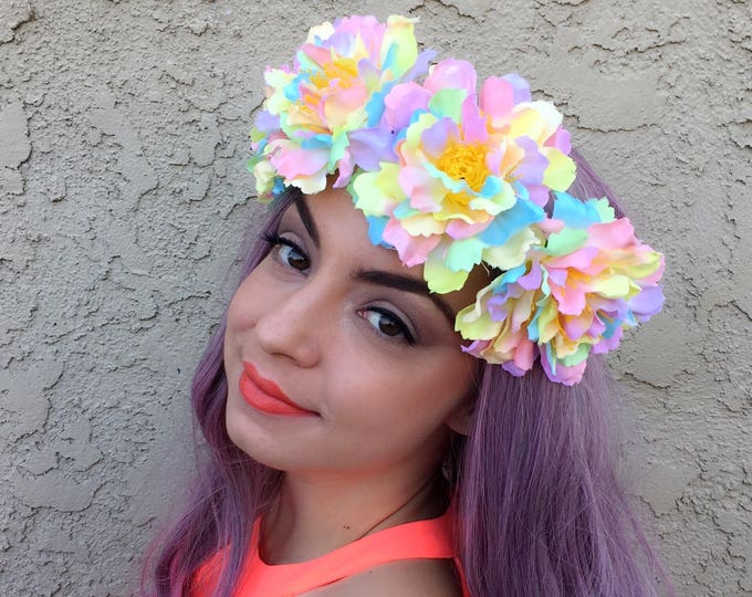 Pastel Rainbow Peony Flower Headband Flower Crown Festival - Etsy
