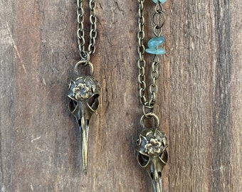 Antique Bronze Bird Skull Pendant Charm Necklace Green Quartz Rock Beads - Bird Skull Spirit Animal Necklace - Bronze Boho Jewelry - I1217