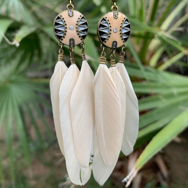 Cream Antique Bronze Ornate Feather Dangle Earrings - Off White Ivory Feather Festival Jewelry - Hippie Gypsy Boho Earrings