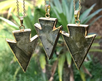 Natural Labradorite Arrowhead Necklace - Gold Plated Labradorite Arrowhead Pendant - Boho Crystal Jewelry - Gift Under 20 Dollar - I1110