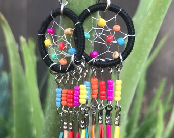 Rainbow Dream Catcher Feather Earrings - Colorful Dangle Earrings - Boho Hippie Gypsy Feather Jewelry - Gift for Her