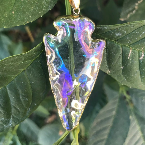 Angel Aura Quartz Arrowhead Crystal Necklace -  Rainbow Aura Clear Quartz Pendant - Boho Crystal Jewelry - I1059