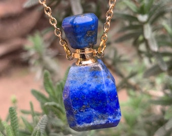 Lapis Lazuli Essential Oil Perfume Bottle Pendant Necklace - Lapis Lazuli Crystal Perfume Bottle Necklace - Boho Crystal Jewelry - I1281