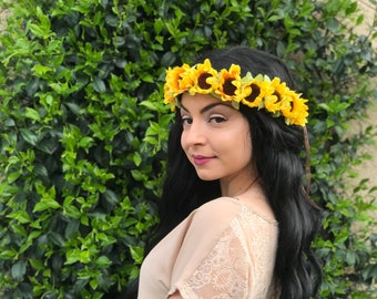 Sunflower Crown Headband - Sunflower Bud Hair Wreath Tiara Halo - Festival Rave Hippie Crown - Bachelorette Party