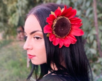 Red Sunflower Hair Clip - Costume Hair Accessories - Rustic Fall Indian Summer Festival Party Hippie Boho Sunflower Hair Clip