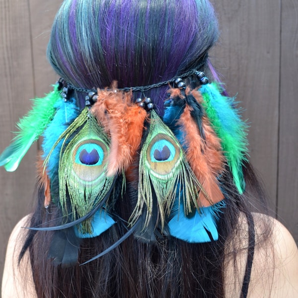 Feather Headband - Feather Hairpiece - Feather Headdress - Hippie Indie Festival Rave Headband - Bohemian Accessories